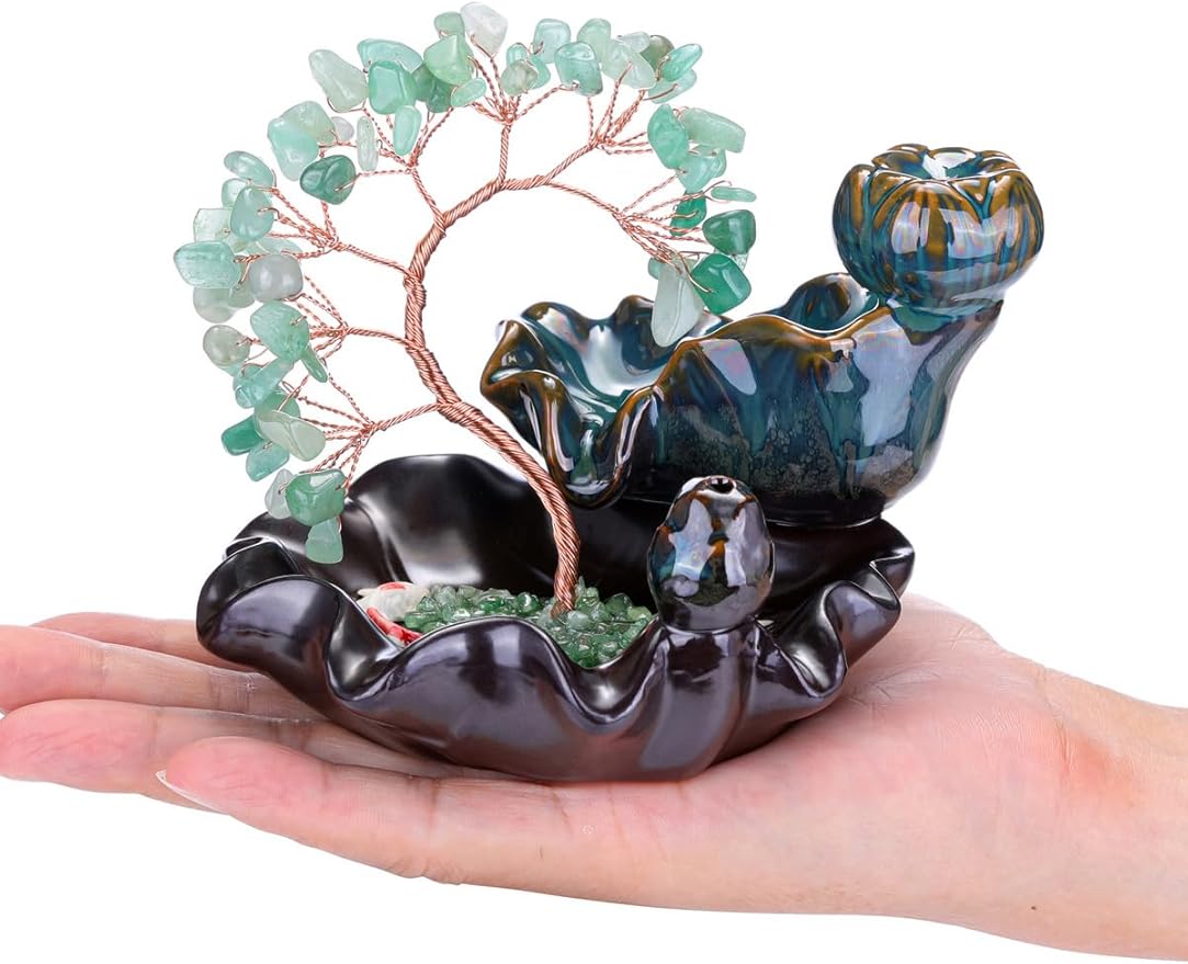 Jovivi Backflow Incense Burner Ceramic Incense Waterfall, Natural Green Aventurine Healing Crystal Money Tree Incense Holder for Wealth, Good Luck, Yoga Meditation, Home Decor - Bloomnest