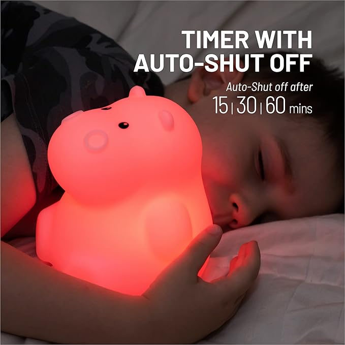 LumiPets Honey the Hippo Silicone Night Light for Kids | Squishy Lamp with Tap & Remote Control | Rechargeable, 9 Color Changing Animal Night Light for Boys & Girls | Portable Nightlight With USB Cord - Bloomnest