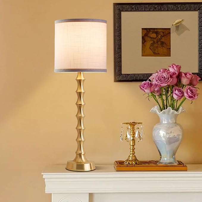 Set of 2 Gold Table Lamps, 30.5" Electroplated Gold Bamboo Base with White Linen Shade, Tall Buffet Lamps for Dining Room, Living Room, Bedroom Decor