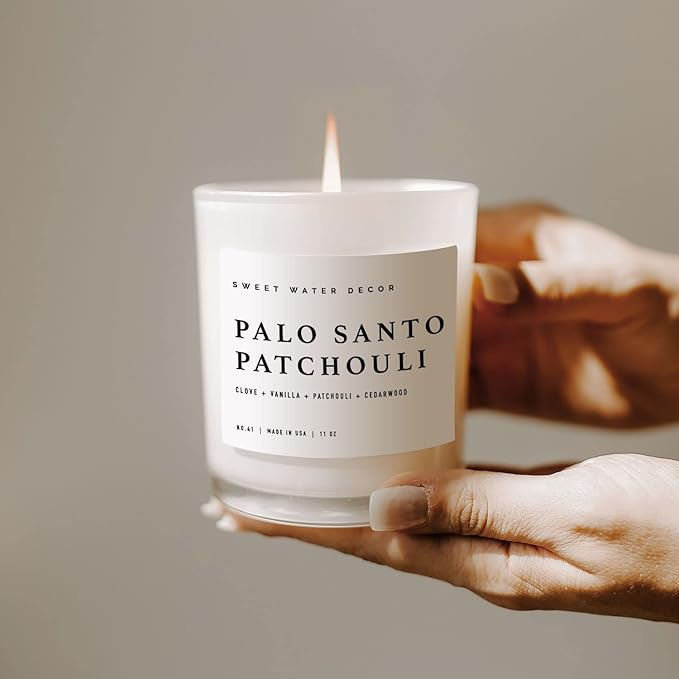 Sweet Water Decor Palo Santo Patchouli Candle - Soy Clove, Vanilla, Cedarwood, Patchouli Scented Spa Candle for Home - 11oz White Jar with Wood Lid, 50+ Hour Burn Time, Made in The USA - Bloomnest