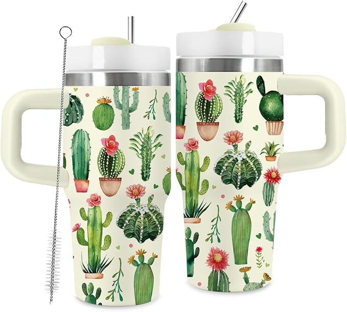 14oz Cactus Tumbler with Handle and Straw, Stainless Steel Vacuum Insulated Tumblers, Birthday Gifts for Cactus Lover, Daughter, Son, Sister - Bloomnest