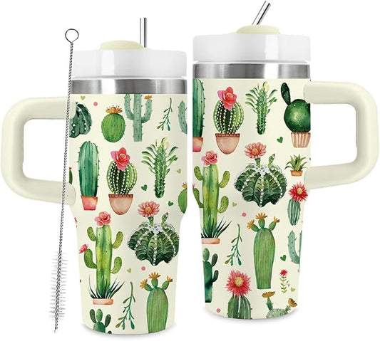 14oz Cactus Tumbler with Handle and Straw, Stainless Steel Vacuum Insulated Tumblers, Birthday Gifts for Cactus Lover, Daughter, Son, Sister - Bloomnest