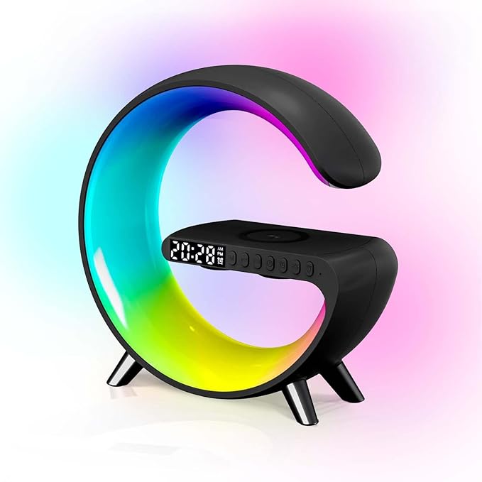 Smart LED Table Lamp, 4-in-1 Wireless Charger, Night Light, Alarm Clock, and Bluetooth Speaker with App Control for Bedroom, Office, and Home Decor (Black) - Bloomnest