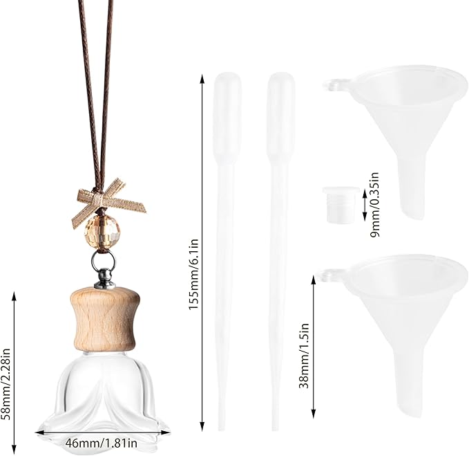 6 Pack Leak-Proof Hanging Car Diffuser - 8ml Refillable Empty Bottles with Wood Caps, 3 Funnels & 2 Droppers - Essential Oil Air Freshener for Car, Home or Office (6, Rose) - Bloomnest