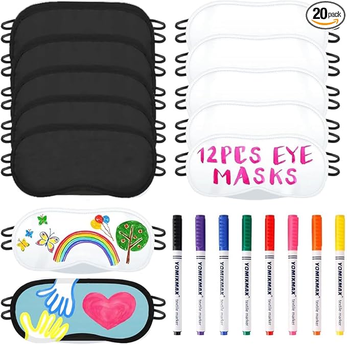 12 PCS Eye Mask Sleepover Party Supplies Slumber Party Favors for Girls Pajama Party Decorations Sleep White Black Soft Shade Blindfold Eye Covering Color The Bulk Game Stuff with 8 PCS Fabric Pens - Bloomnest