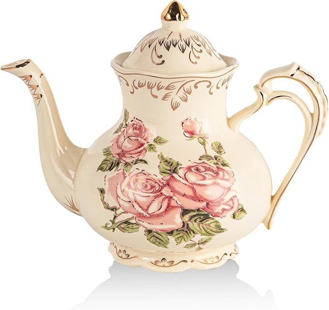 YOLIFE Iovry Rose Teapot, 35oz/ 4 Cup Ceramic Tea Pot with Infuser for Loose Leaf Tea, Vintage Floral Teapot and Gold Trim - Bloomnest