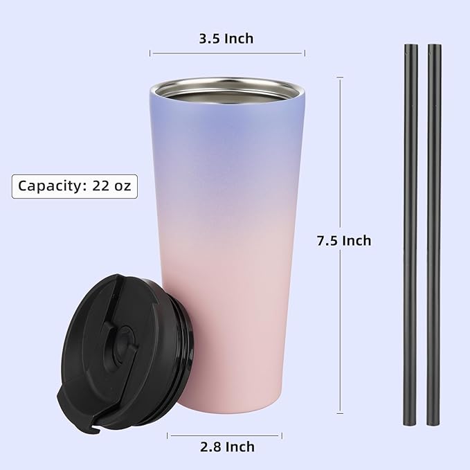 22 OZ Insulated Tumbler with Lid and 2 Straws Stainless Steel Water Bottle Vacuum Travel Mug Coffee Cup,Pastel Sunset - Bloomnest