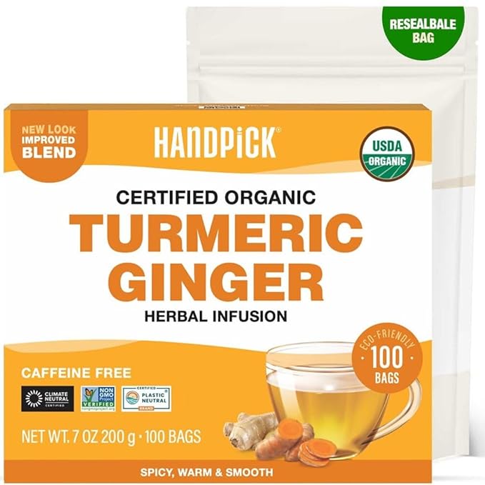 HANDPICK, Organic Turmeric Ginger Tea (100 Tea Bags) | Indian Origin | Caffeine Free, Gluten Free, Non-GMO | Savory & Spicy I Ecofriendly round tea bags - Bloomnest