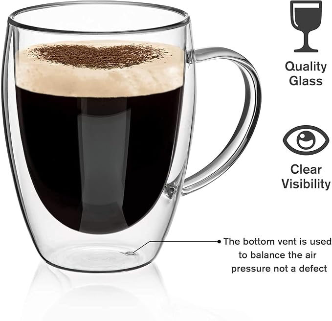 Espresso Cups Set Of 2 12 Oz, Double Walled Glass Coffee Mugs with Handle,Insulated Layer Coffee Cups,Clear Borosilicate Glass Mugs,Perfect for Cappuccino,Tea,Latte,Espresso,Hot Beverage,Wine - Bloomnest