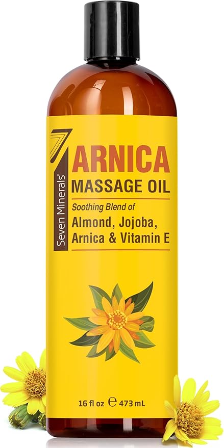Seven Minerals Arnica Sore Muscle Massage Oil for Massage Therapy - Big 16 oz - Ideal for Professional or at-Home Body Massage. Soothing Natural Blend of Almond, Jojoba & Vitamin E