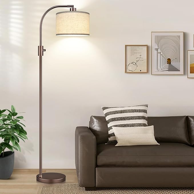 Upgraded Dimmable Floor Lamp, 1200 Lumens LED Bulb Included, Bronw Arc Floor Lamp with Linen Shade for Living Room, Bedroom, Reading Room, Nursery - Bloomnest