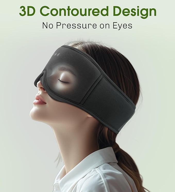 Bamboo Cotton Sleep Mask with Bluetooth Wireless Headphones - Blackout Eye Mask for Sleeping 3D Contoured Sleep Headband Ear Muffs Lengthen & Low Noise Hook for Better Experience (Black) - Bloomnest