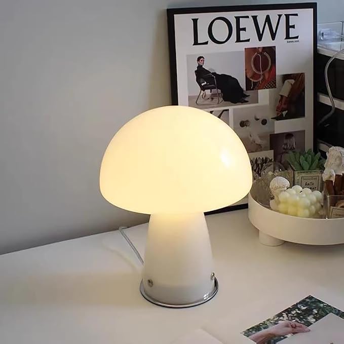 White Small Mushroom Table Lamp,3-Color Temperature Glass Desk Light,Bauhaus Decorative Nightstand Lamp,Vintage Style Table Light for Living Room Office - Bloomnest