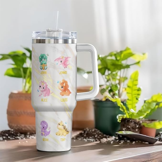 Personalized Dinosaur Dad Tumbler with Handle and Straw, Cute Custom Names and Baby Dino Design, Funny Father’s Day Gift for Dad or Papa from Kids - Bloomnest