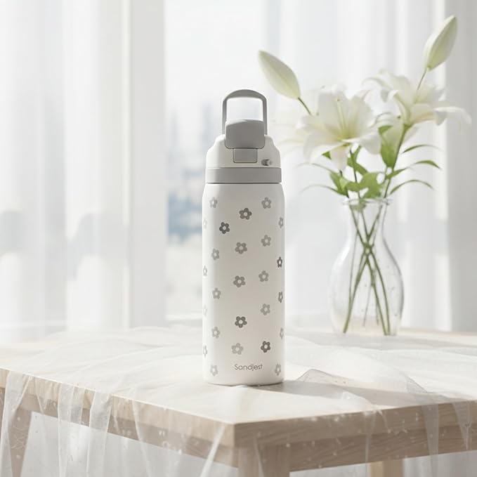 Floral Insulated Stainless Steel Water Bottle with Straw for Sports and Travel, 32oz, Gifts for Women Girls Friends Teens Birthday Christmas (Grey) - Bloomnest