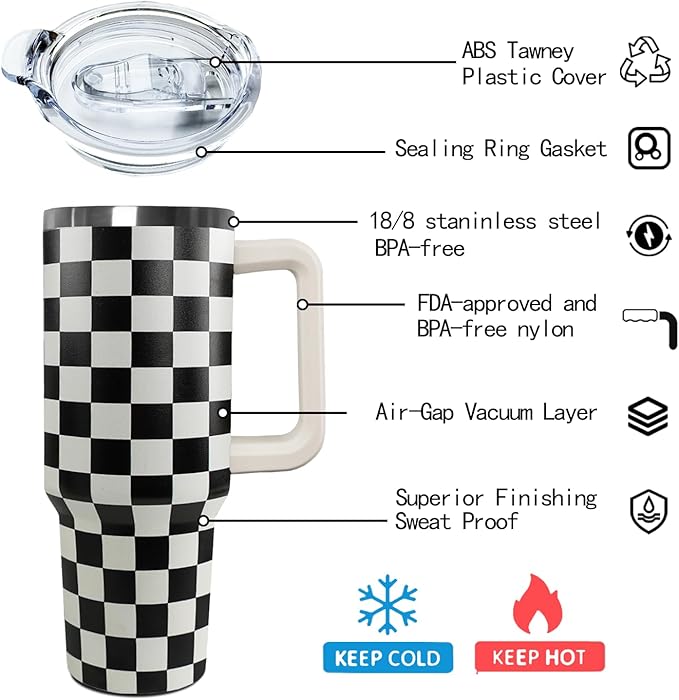 Ceovfoi Black and white Checkered Tumbler with Handle Lid and Straw,40 Oz Checkered Tumbler Water Bottle Travel Coffee Cup Mug,Checkered Gifts for Women Men - Bloomnest