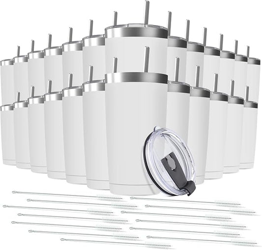 25 pack 20 oz Stainless Steel Insulated Tumbler with Straw and Lid, Double Wall Travel Coffee Mug Vacuum Insulated Bulk Tumbler, Suitable for Vehicle Cup Holders White