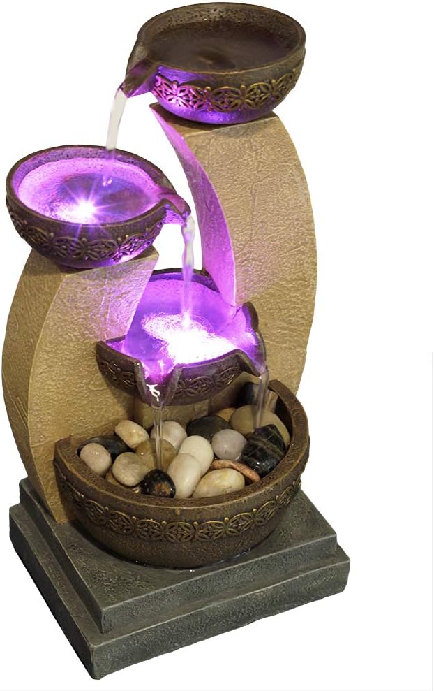 11" H Golden Tiered Bowl Fountain with Color Changing LED Lights with Adapter Brown - Bloomnest