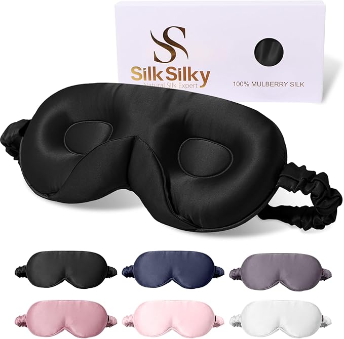 SilkSilky 100% 22 Momme Mulberry Silk Sleep Mask – Upgraded 3D Contoured Eye Mask with Nose Wing Pads & Adjustable Strap, Luxury Blackout Eye Cover for Women & Men (Black) - Bloomnest