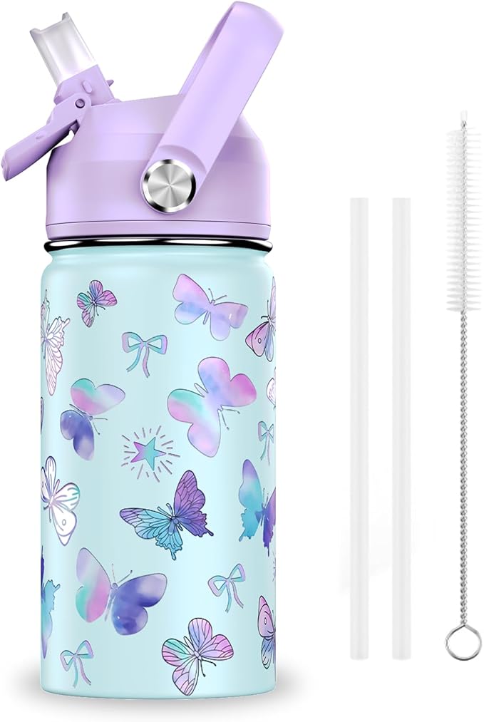 14oz Kids Insulated Water Bottle with Straw Lid - 18/8 Stainless Steel Kid Cup Travel Tumbler Double Wall Vacuum Leak Proof Portable Toddler Water Bottle(Butterfly） - Bloomnest