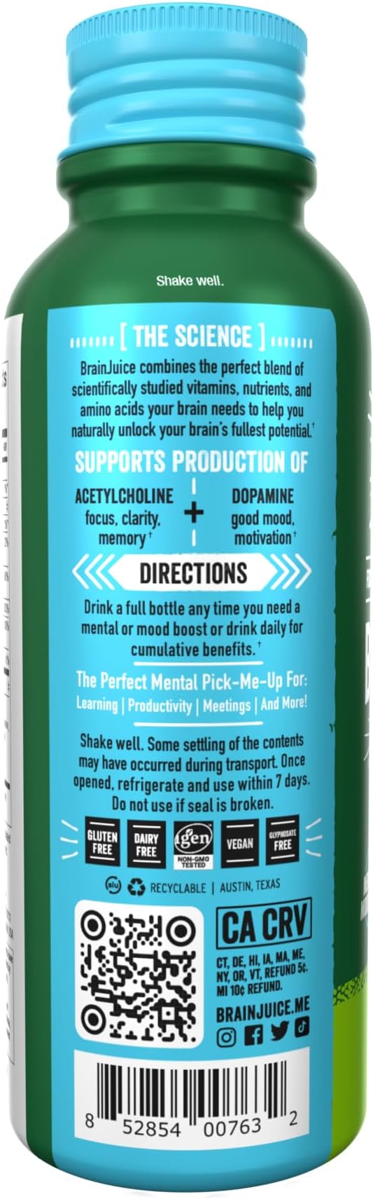 BrainJuice Decaf Brain Support Shot, Gluten Free Supplement Shots for Energy & Focus, Healthy Drinks with Alpha GPC, Vitamin B & Decaffeinated Green Tea Leaf, Classic, 2.5 fl oz, 12 Pack - Bloomnest