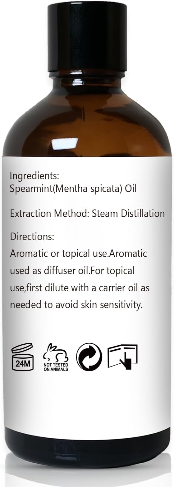 Spearmint Essential Oil, 100% Pure Undiluted Spearmint Oil for Skin, Hair, Aromatherapy - 100ml/3.38 oz - Bloomnest