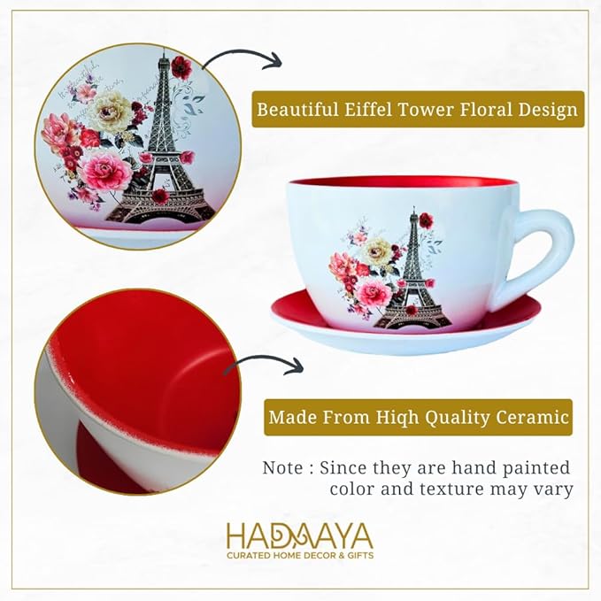 7.5" Ceramic Teacup Planter Pot with Saucer | Ideal for Succulents, Orchids, Herbs & Flowers | Indoor & Outdoor Use for Wedding & Home Decor & More - RED - Paris Eiffel Tower - Bloomnest