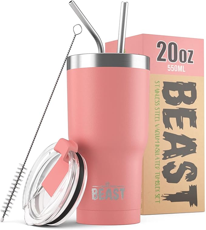 Beast 20 oz Tumbler Stainless Steel Vacuum Insulated Coffee Ice Cup Double Wall Travel Flask (Blossom Pink) - Bloomnest