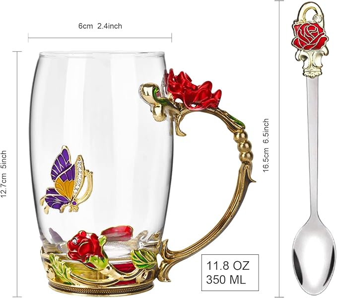 Flower Tea Cup ,Butterfly Rose Clear Glass Fancy Coffee Mug with Spoon,Gift Box for Her Mom Wife Grandma Girls Friends Valentines Christmas Birthday Present Idea for Juice,Hot And Cold Drinks Use - Bloomnest