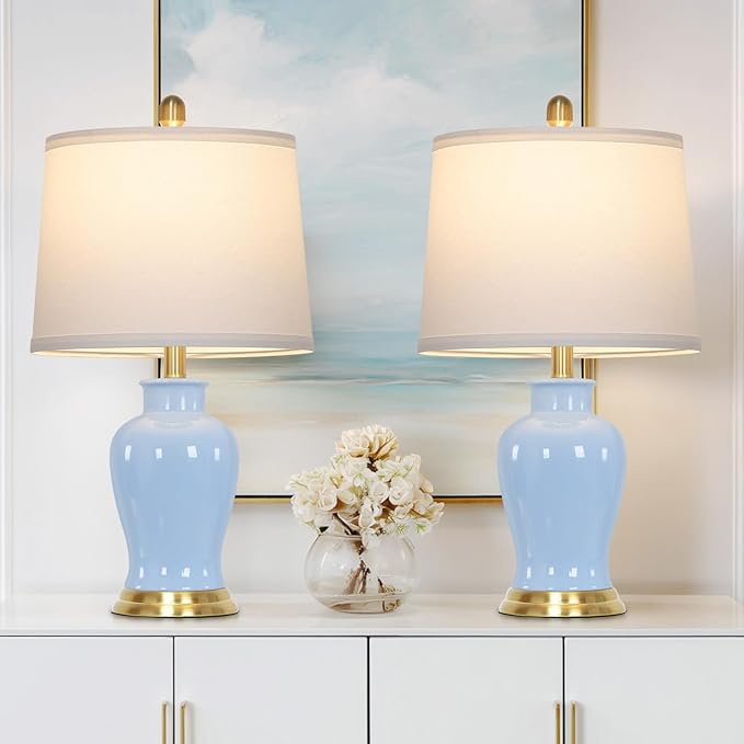 23" Modern Blue Ceramic Table Lamps Set of 2, Coastal Ceramic Lamps for Living Room, Classic Bedside Lamp with Ginger Jar Design, Elegant Bedroom Lamp for Night stand Desk Side End Table Home Decor - Bloomnest