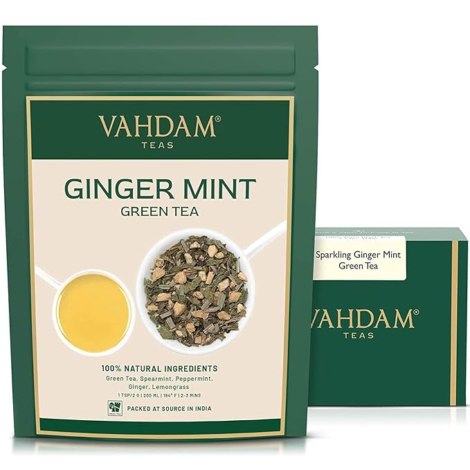 VAHDAM, Ginger Mint Green Tea Loose Leaf (50+ Cups, 3.5oz) Blend Of Ginger Tea & Mint Tea | Pure Green Tea Leaves | High Elevation Grown | Vacuum Sealed - Bloomnest