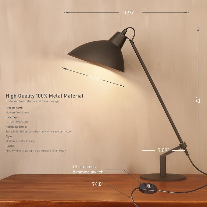 Desk Lamp Modern Industrial 100% Metal Table Lamp 22", Soft White Light (3000K) with Adjustable Switch, Ideal for Office Bedroom Study Room Living Room Nightstand Bedside Lamps Sand Black - Bloomnest