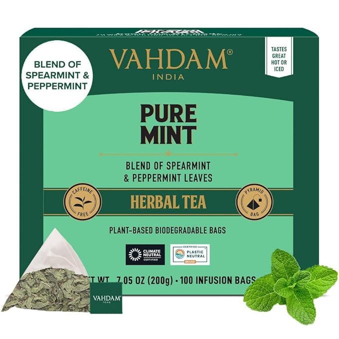 VAHDAM, Pure Mint Herbal Tea (100 Pyramid Tea Bags) Caffeine Free, Non GMO, Gluten Free | Blend of Spearmint & Peppermint - Sweet & Minty | Resealable Ziplock Pouch - Bloomnest