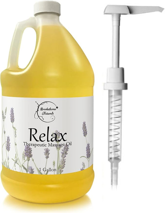 Relax Massage Oil for Massage Therapy | Professional Quality Oil with Lavender, Peppermint & Marjoram | All Natural, Non-Greasy, Smooth Glide | Large 1 Gallon Size with Pump by Brookethorne Naturals