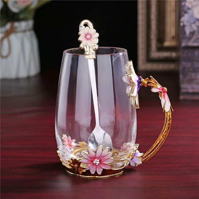 Luka Tech Enamel flower Lead-free Glass Coffee Mugs Tea Cup with Steel Spoon, Best Birthday Gifts For Women Wife Mom Friends Mothers Valentines Day Christmas - Bloomnest