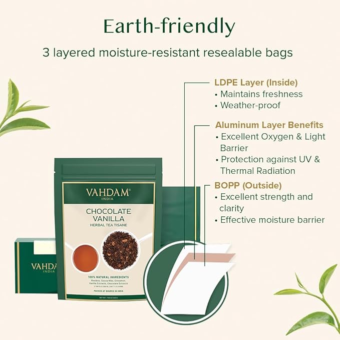 VAHDAM Chocolate Vanilla Herbal Tea (3.5 oz, 50+ Cups) | Rooibos, Chocolate, Vanilla | Loose-Leaf, Vacuum Sealed for Freshness - Bloomnest