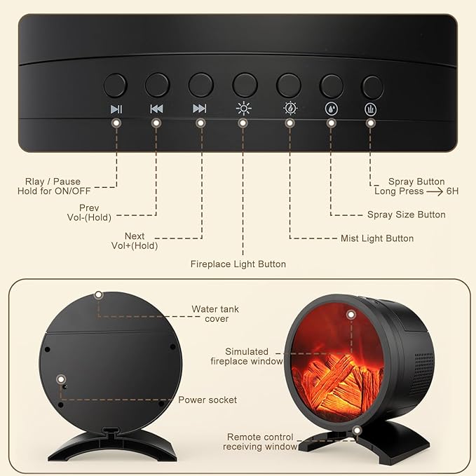 Fireplace Flame Oil Diffuser with Speaker & 260mL Fire Oil Diffuser,Essential Oil Diffuser 5 Color Fire Aroma Diffuser Aromatherapy Aroma Diffuser, Ultrasonic Mist with Timer & Auto Shut-Off - Bloomnest