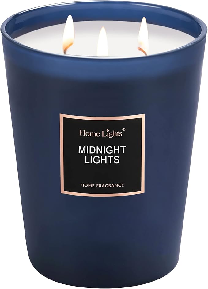 HomeLights Highly Scented Soy Candles Big 33.3 oz for Home. 3 Cotton Wicks, Smokeless Long Lasting 130 hrs in Midnight Lights. 5x6, Great Gift for Women & Men - Bloomnest