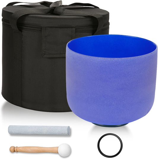 432HZ 8 Inchs A Note Indigo Frosted Crystal Singing Bowl for Meditation Healing Yoga Chakra Quartz Crystal Sound Bowls with Heavy Duty Carry Case and Rubber Mallet,Suede Striker,O-rings