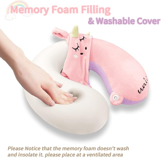 Neck Travel Pillow for Kids, Unicorn Airplane Memory Foam Pillow with Cute Sleep Mask & Earplugs, Lightweight Travelling Sleeping Pillow Set for Car, Train, Bus and Home Use (Pink) - Bloomnest