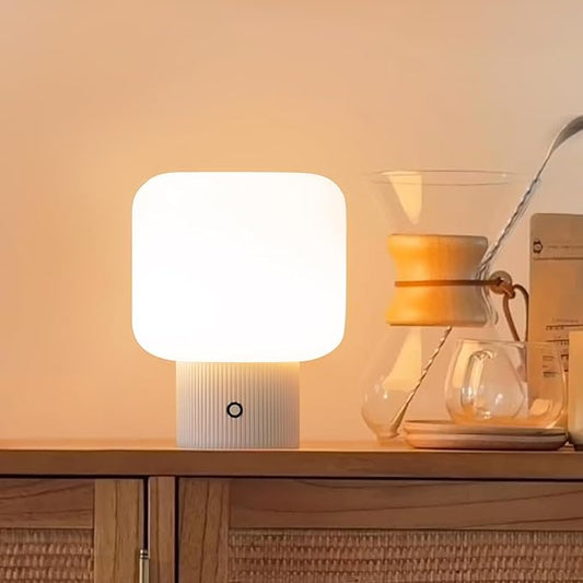 Halo Mushroom Lamp, 5W Cute Cordless Rechargeable Table Lamp with Glass Shade, 3 Color Temps LED Dimmable Ambient Lighting, Small Retro Touch Bedside Light for Bedroom Decor, White - Bloomnest