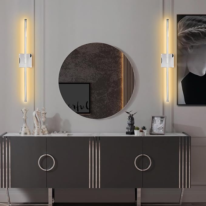 LED Wall Sconces with Remote Control, Dimmable Wall Sconces Set of 2, 5 Colors 3000K-6500K & Dimmable, Hardwire Wall Light with Timer & Night Light, LED Wall Lamps for Bedroom, Living Room, Chrome - Bloomnest