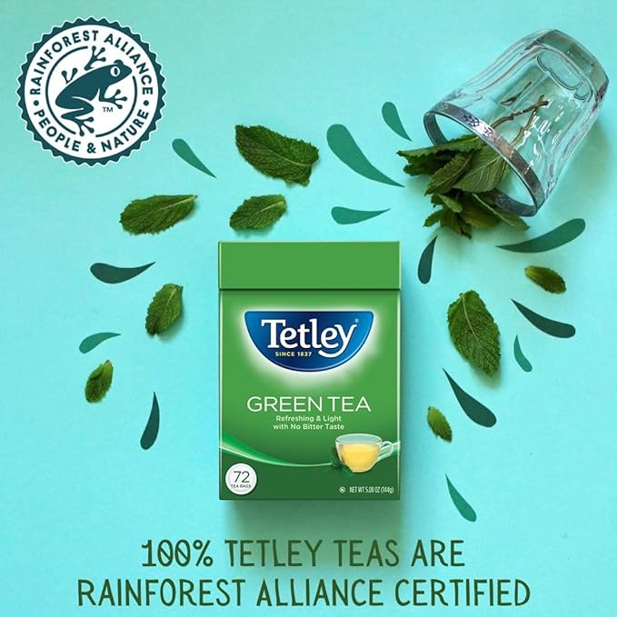 Tetley Natural Decaf Green Tea, Decaffinated Tea, 72 Teabags (Pack of 6), Rainforest Alliance Certified - Bloomnest