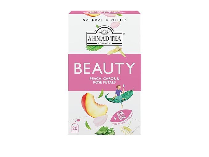 Ahmad Tea Herbal Tea, Peach, Carob, and Rose Petals 'Beauty' Natural Benefits Teabags, 20 ct (Pack of 2) - Decaffeinated & Sugar-Free - Bloomnest