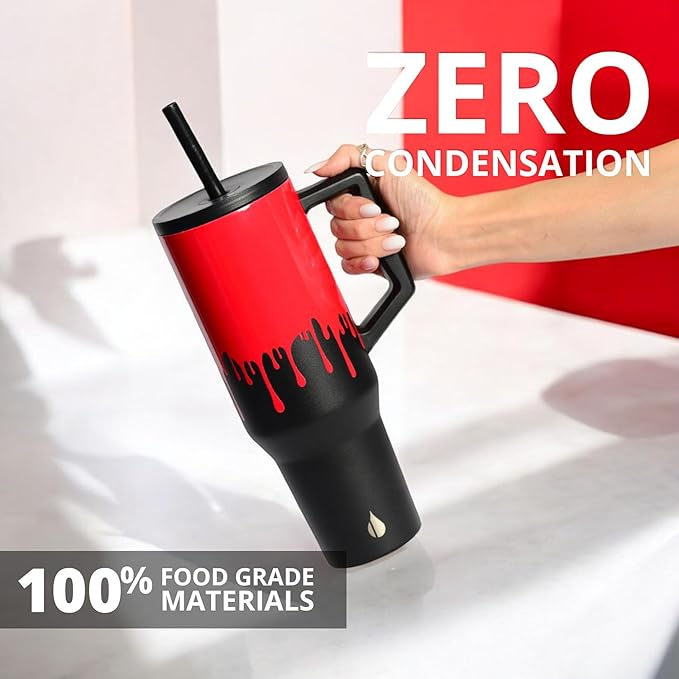 Elemental 40 oz Tumbler with Handle and Straw - Spill Proof Insulated Stainless Steel Commuter for Hot and Cold Beverages - Travel Coffee Mug with 2 Straws & Spill Proof Lid - 40oz - Sanguine Drip - Bloomnest
