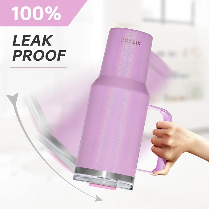 COKTIK 40 oz Tumbler With Handle and Straw Lid, Vacuum Insulated Travel Coffee Mug Stainless Steel Insulated Cup for Beverages, Leak-proof, Cupholder Friendly (Lavender Shimmer) - Bloomnest