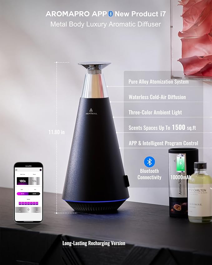 Waterless Scent Diffuser Starter Kit - 1500 Sq Ft Coverage, Alloy Atomization System,Mood Light,Smart Rechargeable Hotel Scent Diffuser, Including 120ml Essential Oil, for Home,Large Room,Spa,Black - Bloomnest