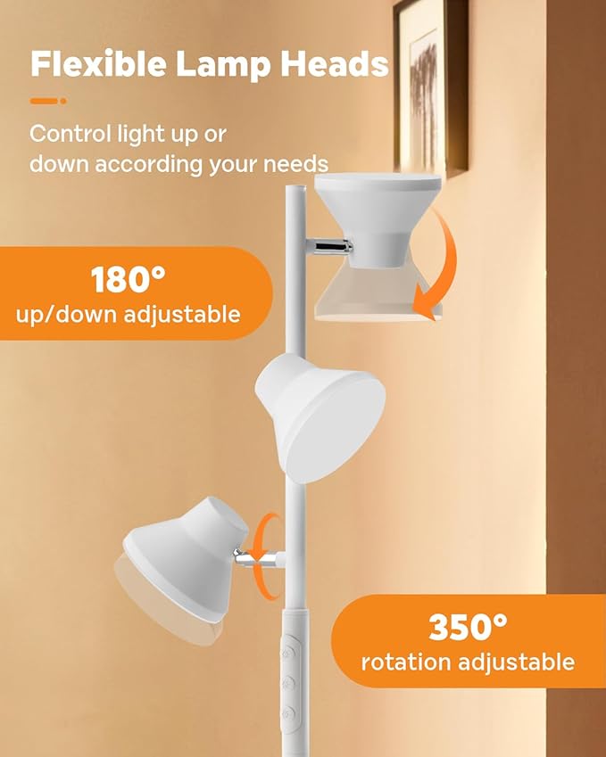 White Floor Lamp, 36W Modern Dimmable Standing Lamp 2700-6500K, 3 Rotatable LED Lights Reading Tall Lamp, Touch & Remote Control Floor Lamps for Living Room Bedroom Office - Bloomnest