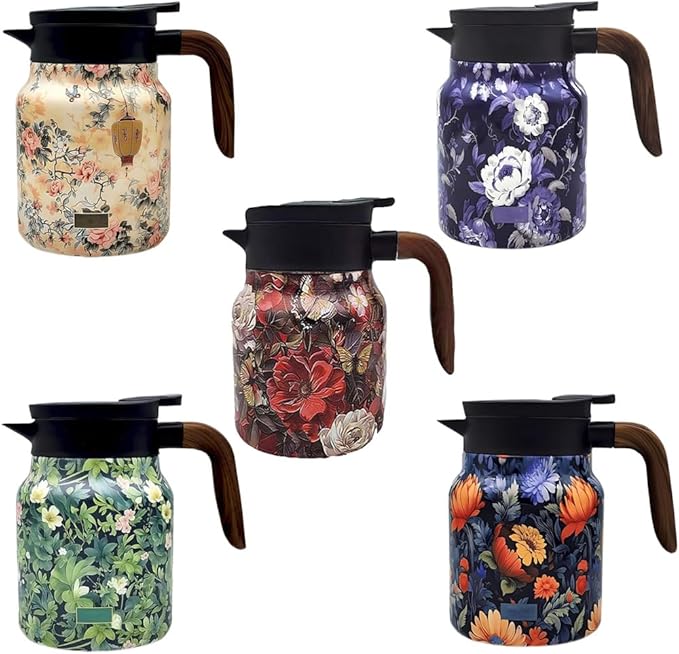 Vintage Floral Pattern Teapot – Built-in Infuser,Vintage Floral Tea Pot with Built in Infuser Stainless Steel Thermal Carafe with Lid for Hot Drinks(Wooden handle,35oz)