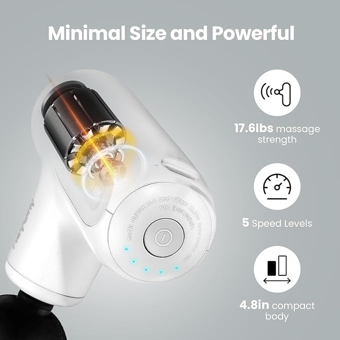 Super Mini Massage Gun Deep Tissue with 5 Speeds, Small Travel Size Percussion Muscle Massager for Pain Relief with 4 Attachments, Handheld Portable Massager Gun for Man & Women, White - Bloomnest